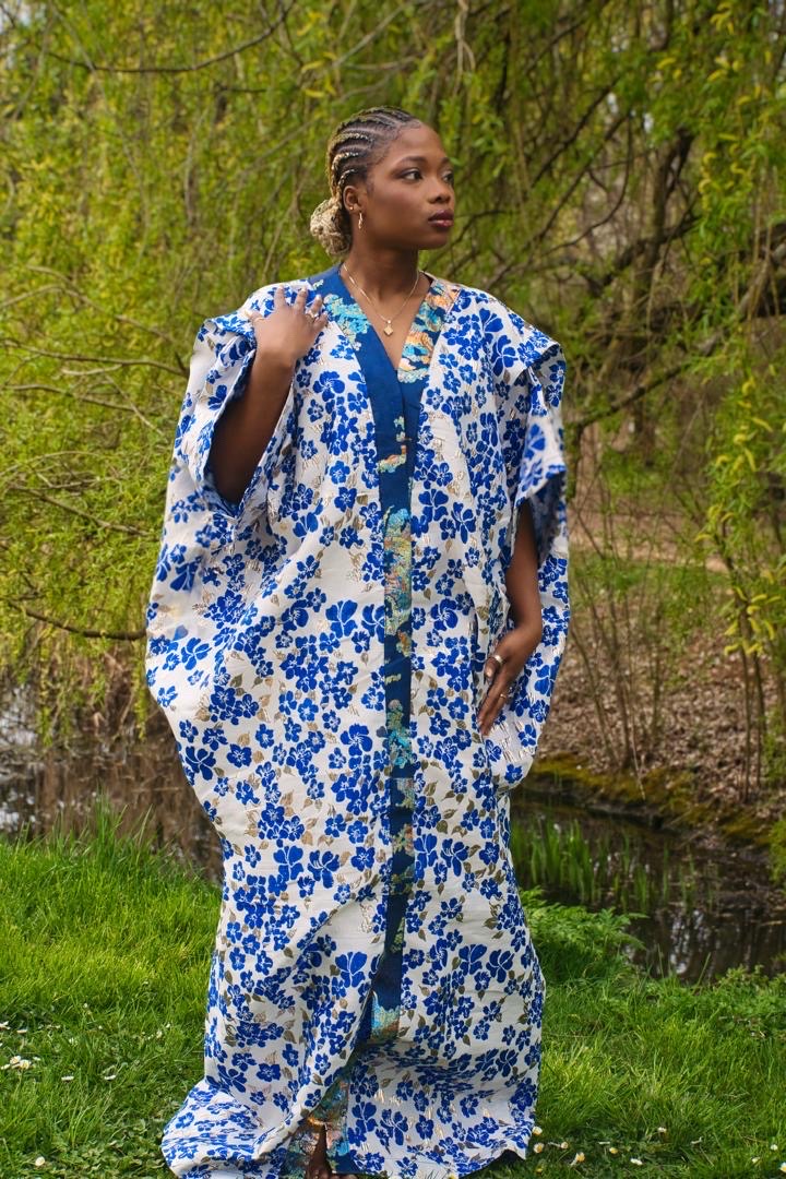 Boubou Jacquard Fleuri Bleu & Blanc